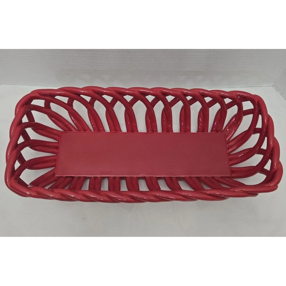 Pioneer Woman Bread Fruit Bowl Basket Stoneware Christmas Red Open Weave Lattice